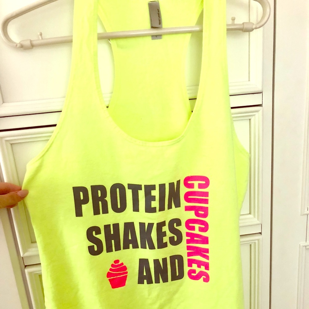 Neon yellow tank top- protein shakes and cupcakes